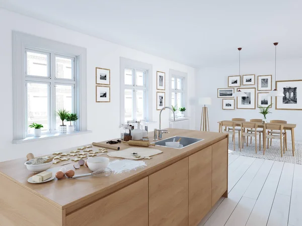 Modern skandináv konyha tetőtéri apartmanban. 3D renderelés — Stock Fotó