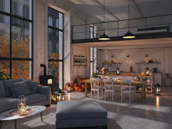 Σκανδιναβική κουζίνα σε ένα διαμέρισμα. 3D rendering. έννοια των ευχαριστιών. — Φωτογραφία Αρχείου