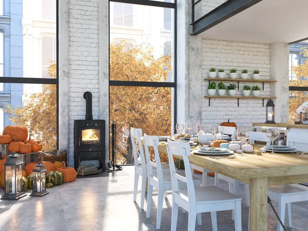 Nordic kitchen in an apartment. 3D rendering. thanksgiving concept. — Stock Photo, Image