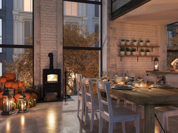 Nordiska köket i en lägenhet. 3D-rendering. Thanksgiving koncept. — Stockfoto