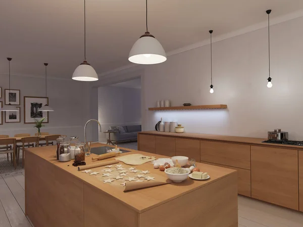 Cuisine nordique moderne dans appartement loft. rendu 3D — Photo