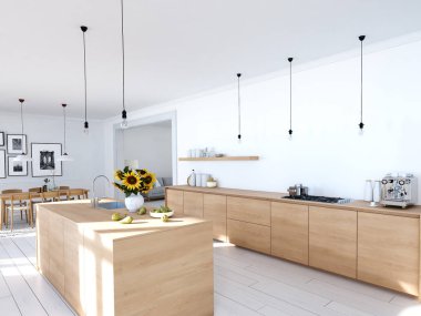 Çatı katındaki modern İskandinav mutfağı. 3B görüntüleme