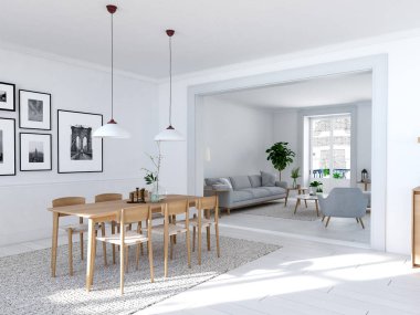 modern İskandinav yemek odası çatı katı dairesinde. 3D render
