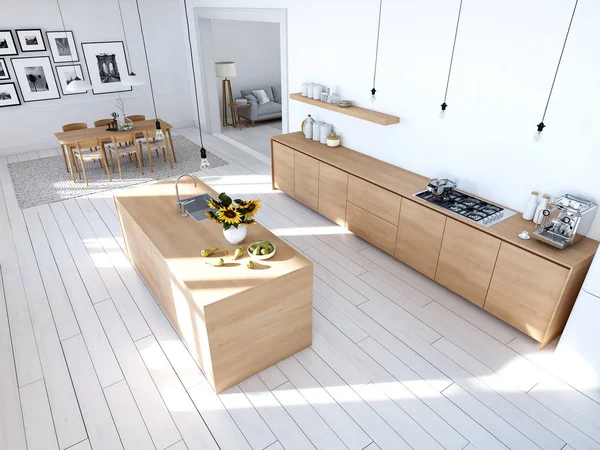 Cuisine nordique moderne dans appartement loft. rendu 3D — Photo