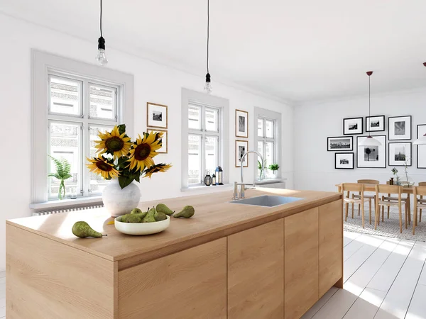 Moderna cucina nordica in loft. Rendering 3D — Foto Stock