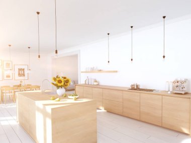 Çatı katındaki modern İskandinav mutfağı. 3B görüntüleme