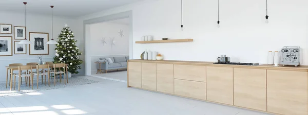 Modern skandináv konyha tetőtéri apartmanban. 3D renderelés — Stock Fotó