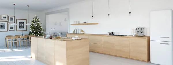 Cuisine nordique moderne dans appartement loft. rendu 3D — Photo