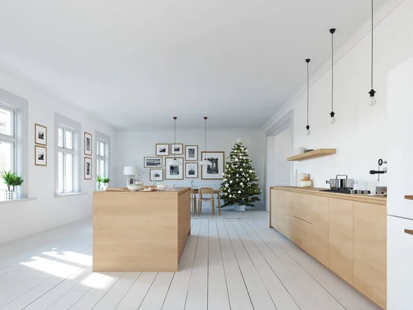 Moderna cucina nordica in loft. Rendering 3D — Foto Stock