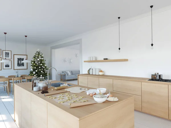 Moderna cucina nordica in loft. Rendering 3D — Foto Stock