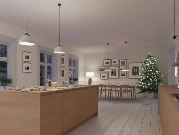 Cocina nórdica moderna en apartamento loft. Renderizado 3D —  Fotos de Stock