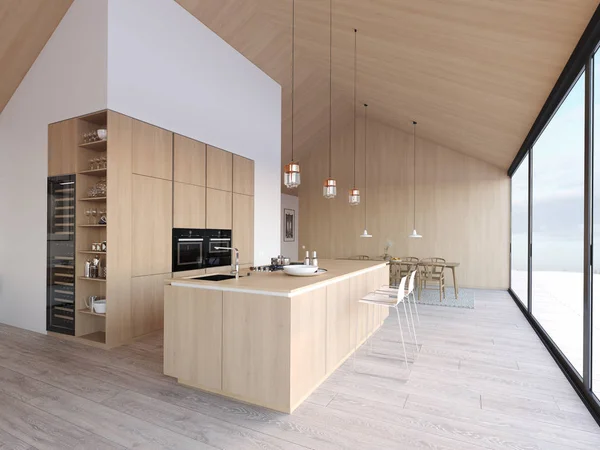Nowoczesna nordycka kuchnia w mieszkaniu na poddaszu. Renderowanie 3D — Zdjęcie stockowe