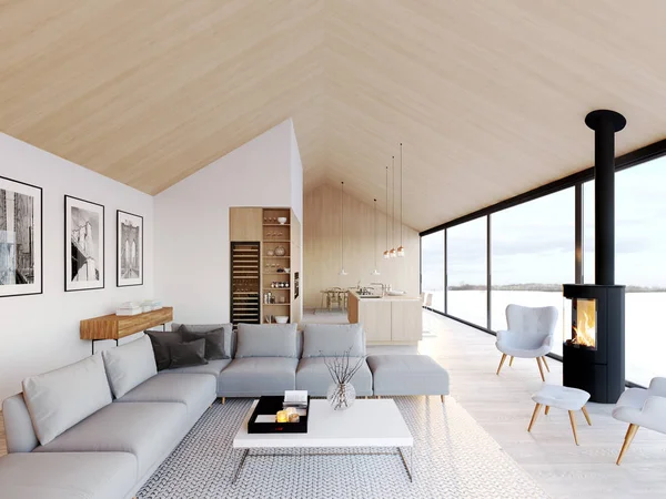 Nieuwe moderne Scandinavische loft appartement. 3D-rendering — Stockfoto