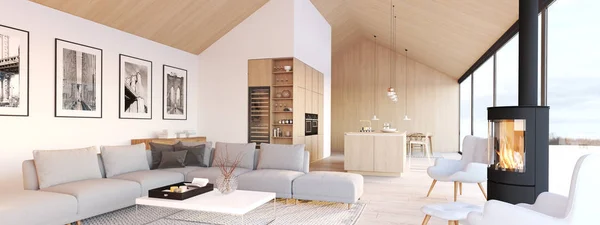 Nuovo appartamento moderno loft scandinavo. rendering 3d — Foto Stock