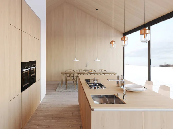 Moderna cucina nordica in loft. Rendering 3D — Foto Stock