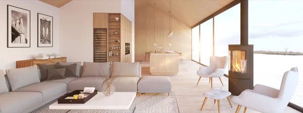 Nowy nowoczesny skandynawski loft Apartament. renderowania 3D — Zdjęcie stockowe