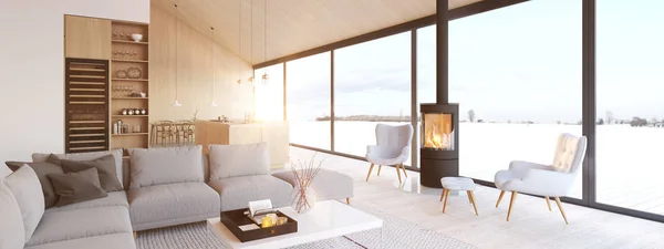 Yeni modern İskandinav loft daire. 3D render — Stok fotoğraf