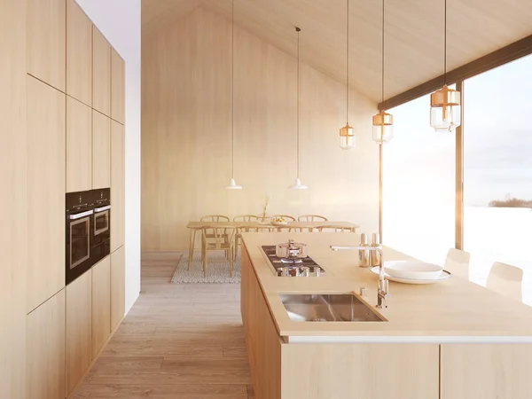 Moderne noordse keuken in loft appartement. 3D-weergave — Stockfoto