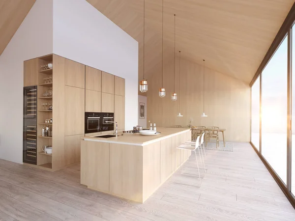 Cuisine nordique moderne dans appartement loft. rendu 3D — Photo