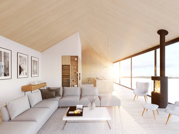 Neue moderne skandinavische Loft-Wohnung. 3D-Darstellung — Stockfoto