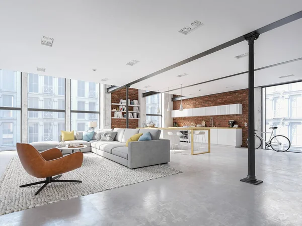 Νέα σύγχρονη πόλη διαμέρισμα loft. 3D rendering — Φωτογραφία Αρχείου
