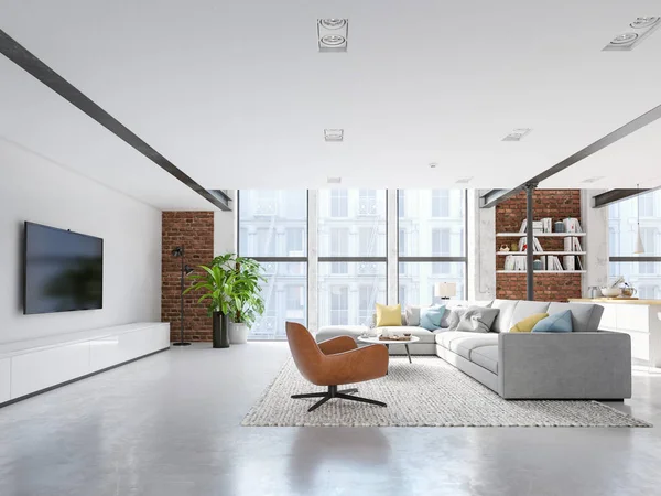 Νέα σύγχρονη πόλη διαμέρισμα loft. 3D rendering — Φωτογραφία Αρχείου