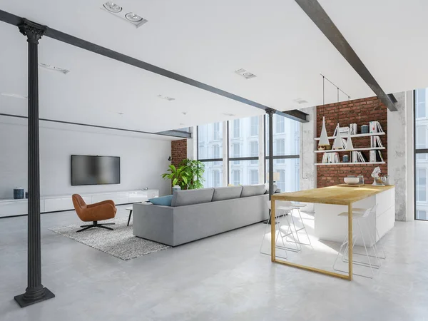 Novo apartamento loft cidade moderna. Renderização 3d — Fotografia de Stock