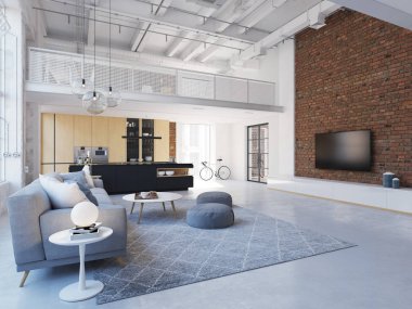 3d-çizimde yeni bir modern şehir loft daire.