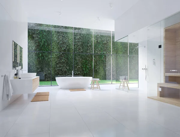 Nuevo baño zen moderno 3D con plantas tropicales. renderizado 3d — Foto de Stock