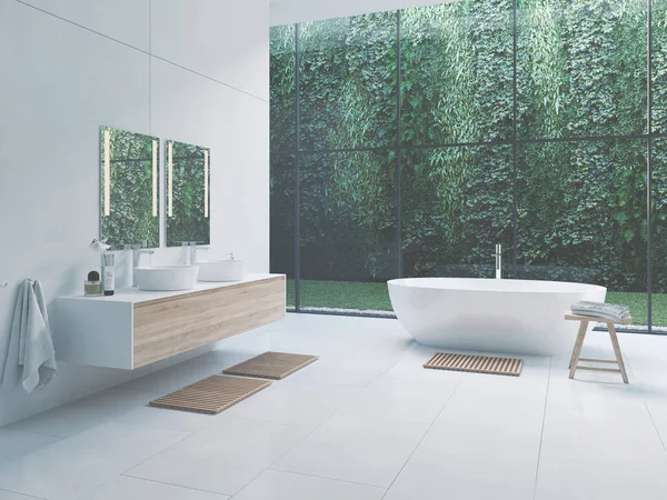 Nuevo baño zen moderno 3D con plantas tropicales. renderizado 3d — Foto de Stock