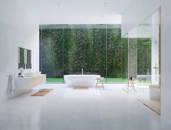 3D nuovo bagno zen moderno con piante tropicali. rendering 3d — Foto Stock