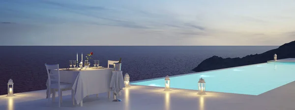 Representación 3D de villa piscina con champán. día de San Valentín —  Fotos de Stock