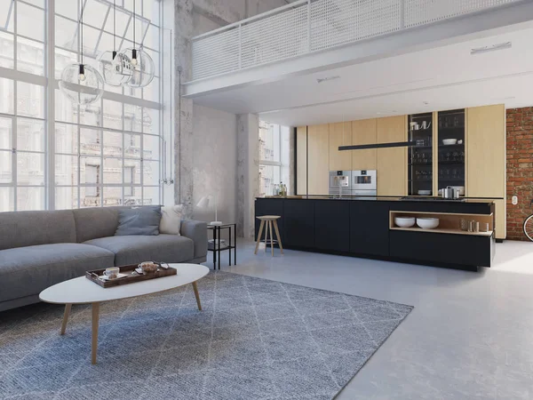 Ilustración 3D de un nuevo apartamento loft moderno en la ciudad . — Foto de Stock