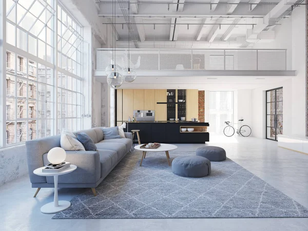 3D-ilustracja, Nowy apartament loft nowoczesnego miasta. — Zdjęcie stockowe
