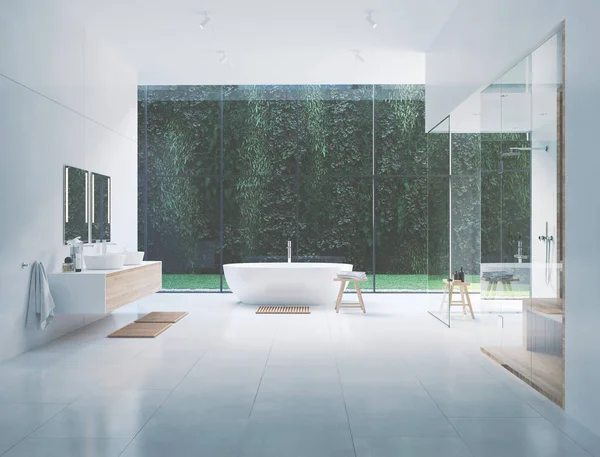 Nuevo baño zen moderno 3D con plantas tropicales. renderizado 3d — Foto de Stock