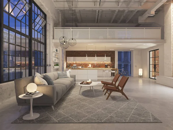 3D-Ilustración de un nuevo apartamento loft moderno por la noche. renderizado 3d — Foto de Stock