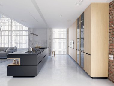 3d-çizimde yeni bir modern şehir loft daire.