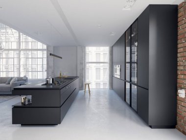 3d-çizimde yeni bir modern şehir loft daire.