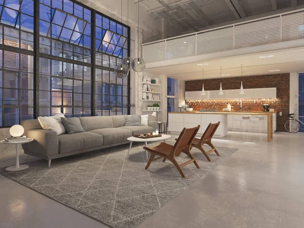 3D-εικονογράφηση ένα νέο διαμέρισμα loft σύγχρονη πόλη τη νύχτα. 3D rendering — Φωτογραφία Αρχείου