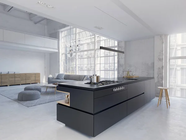 3D-ilustracja, Nowy apartament loft nowoczesnego miasta. — Zdjęcie stockowe