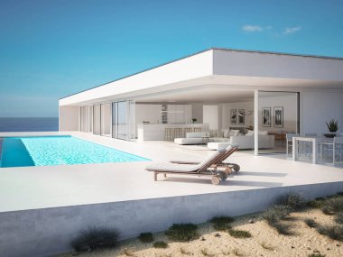 3D-illüstrasyon. modern lüks yaz havuzlu villa Infinity