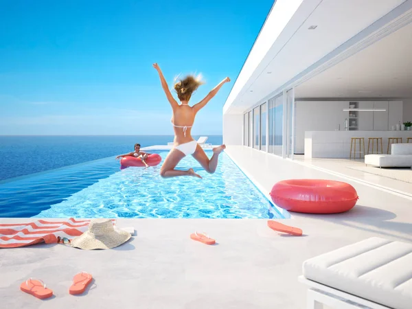 Ilustración 3D. mujer saltando en la piscina. diversión de verano —  Fotos de Stock