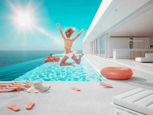 Ilustración 3D. mujer saltando en la piscina. diversión de verano — Foto de Stock