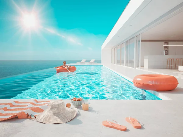 Illustration 3D. moderne piscine à débordement de luxe avec accessoires d'été — Photo