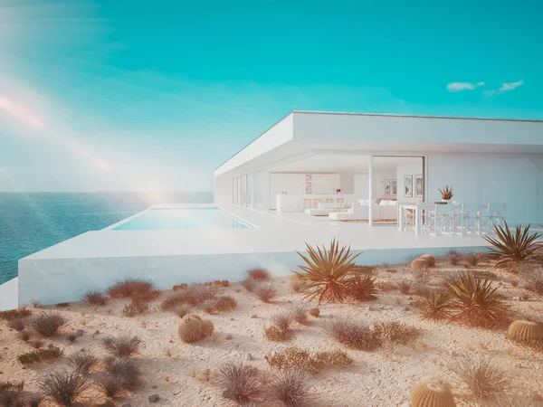 Illustrazione 3D. moderna villa estiva di lusso con piscina a sfioro — Foto Stock