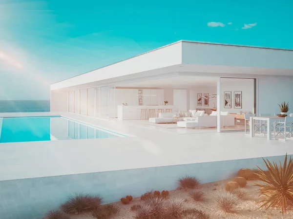 3D-Illustration. Moderne Luxus-Sommervilla mit Infinity-Pool — Stockfoto