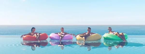 Ilustración 3D de mujeres nadando en flotador en una piscina . — Foto de Stock