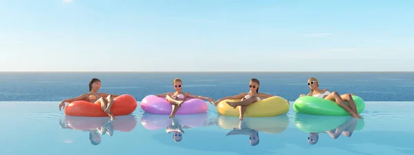 3D-illustratie van vrouwen zwemmen op float in een zwembad. — Stockfoto