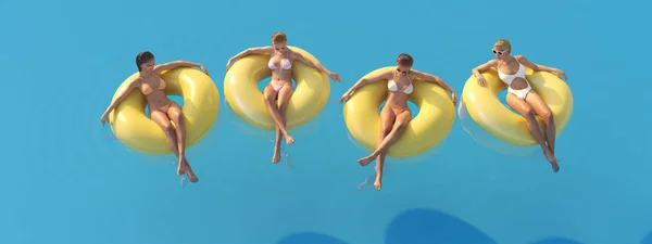 3D-Illustration of women swimming on float in a pool. — Stock Photo, Image