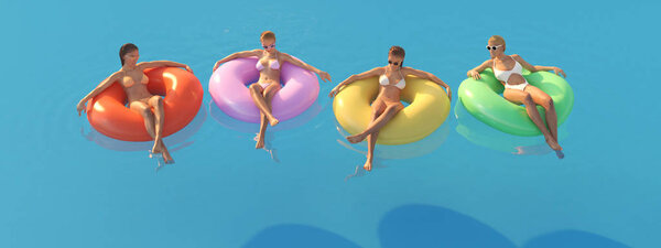 3D-Illustration of women swimming on float in a pool.